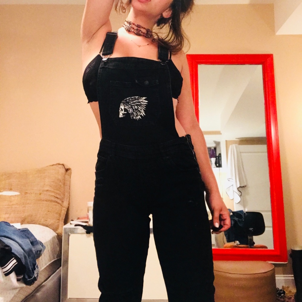Black denim overalls